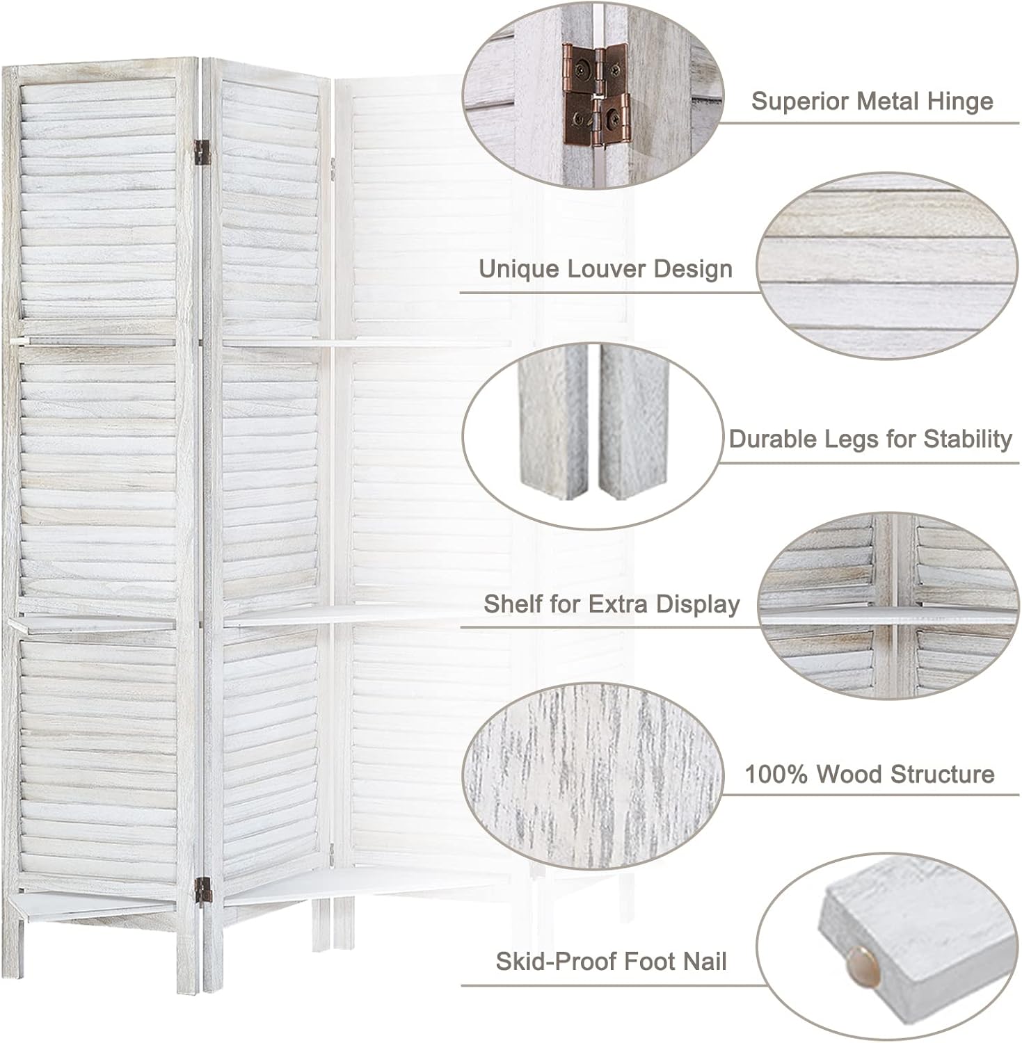 Room Divider with Shelves, Privacy Screen, Room Dividers and Folding Privacy Screens, 4 Panel Wood Temporary Wall Partition Separation Separator, Distressed White