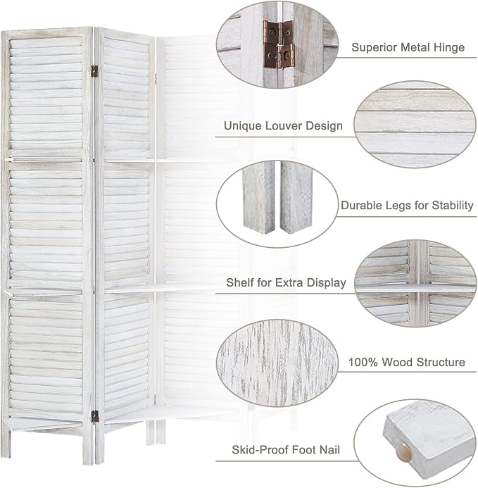 Biombo de 4 paneles blanco desgastado con estantes | Separador de ambientes plegable y pantalla de privacidad miniatura 3