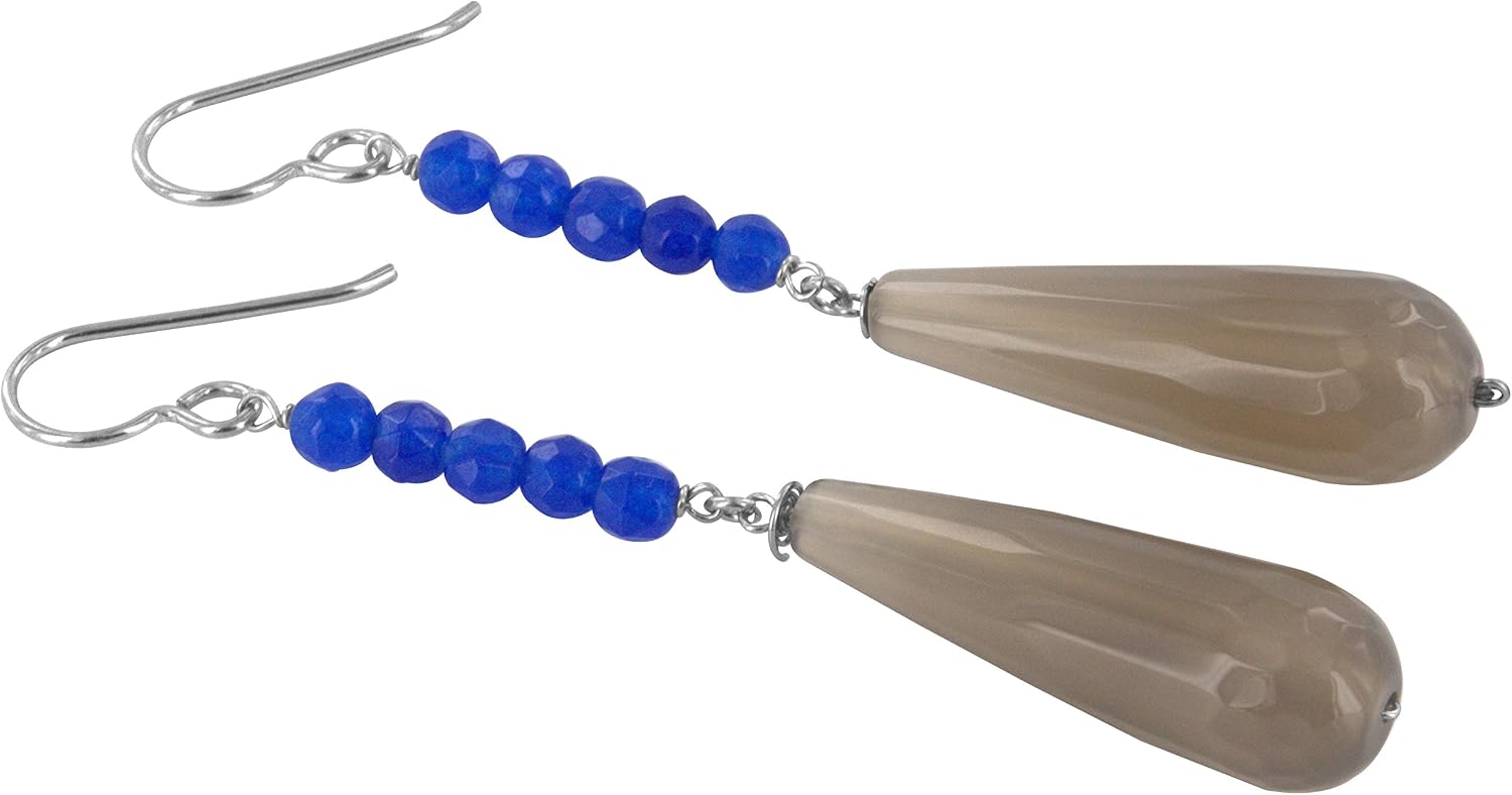 Smoky Jade Quartz, Navy Jade Quartz Gemstone Sterling Silver Dangle Drop Earrings