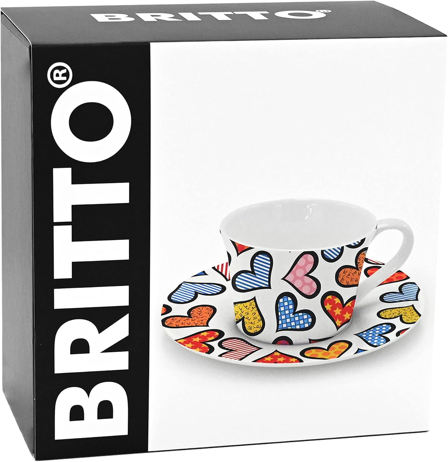 Britto Romero Bone China Coffee & Tea Cup with Saucer, 6.7 oz, Hearts, Colorful Artwork Design