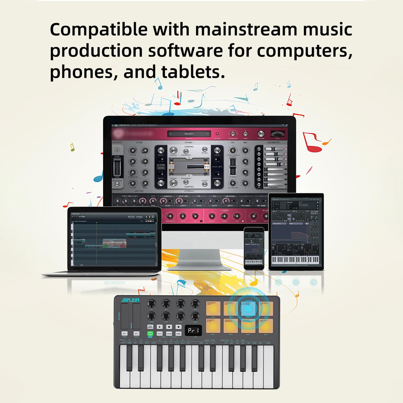 MIDI-Keyboard-Controller, 25-Tasten-Bluetooth-USB-Beat-Maker-Maschine mit Anschlagdynamischen Pads, Kabellosen Empfängern, Arpeggiator und Akkordmodi für die Musikproduktio (BLACK)