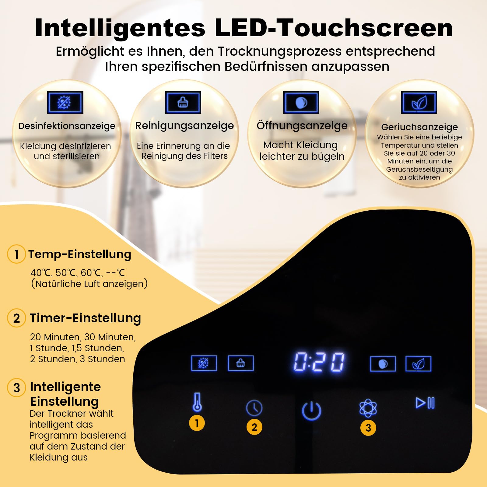 COSTWAY Mini Wäschetrockner 5KG, bis zu 69℃, LED Touch-Screen, Ablufttrockner mit Desinfektion & Desodorierung & Überhitzungsschutz, Mehrfachfiltration, 800W, 4 Temperaturen und 6 Timer