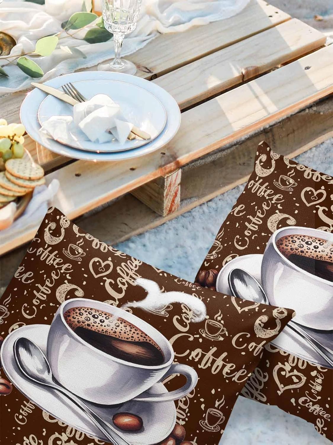 Coffee Square Pillow Shams Set of 2, Decorative Pillowcases Cushion Case, Soft Throw Pillow Covers Waterproof Pillow Case 26x26inch, A Cup of Tea Coffee Beans Vintage Brown