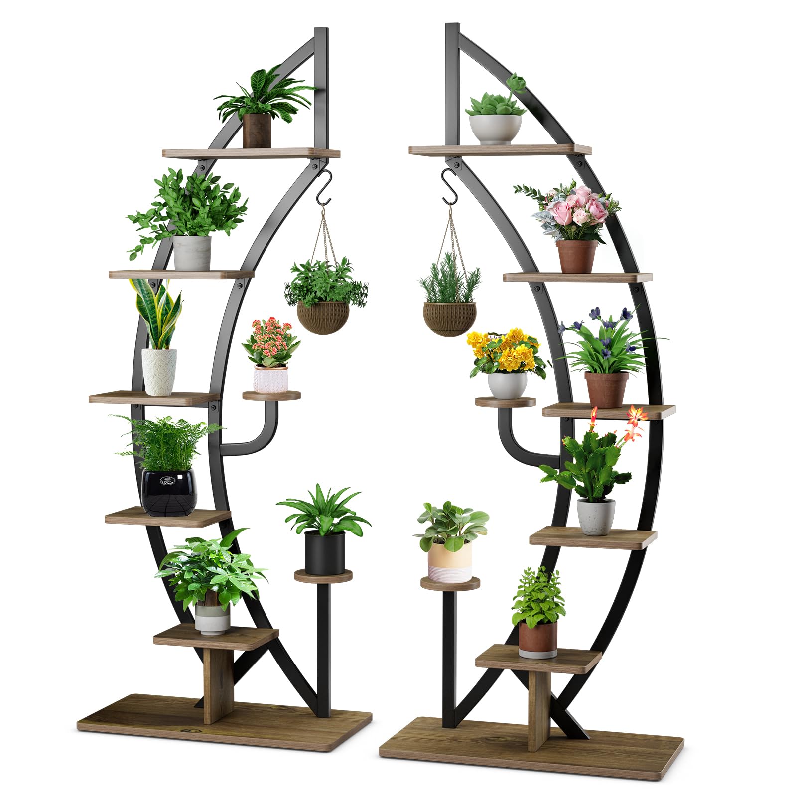 GOPLUS Soporte para Plantas de Metal de 7 Niveles, Estante de Exhibición con Forma de Media Luna, Gancho y Dispositivo Antivuelco, Estantería Curvada para Salón Dormitorio Balcón (Negro-2 Piezas)