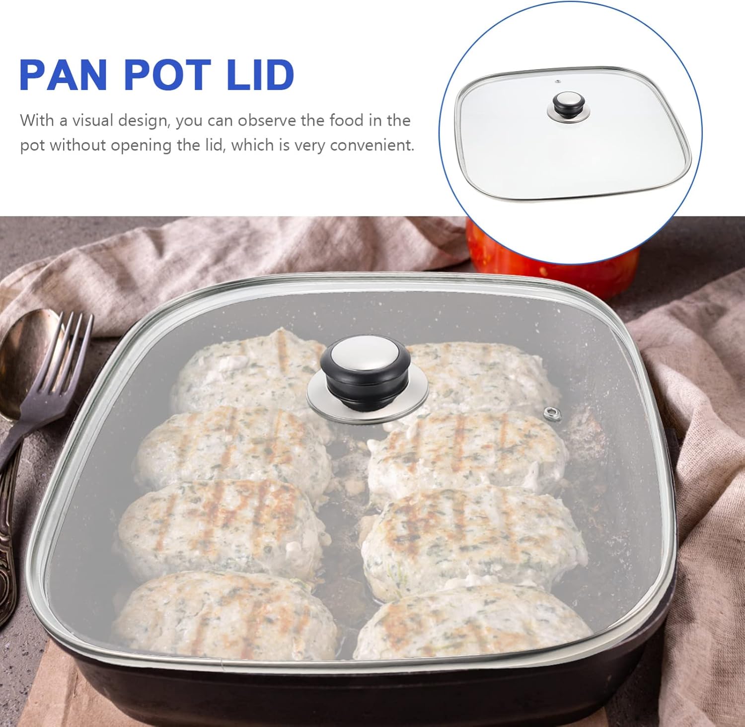 Square Glass Pot Lid Replacement with Handle Stainless Steel Anti Oil Splashing Cooking Lid Cover Thicken Cooking Lid Cover for Saute Pan Pots Pans Skillets B