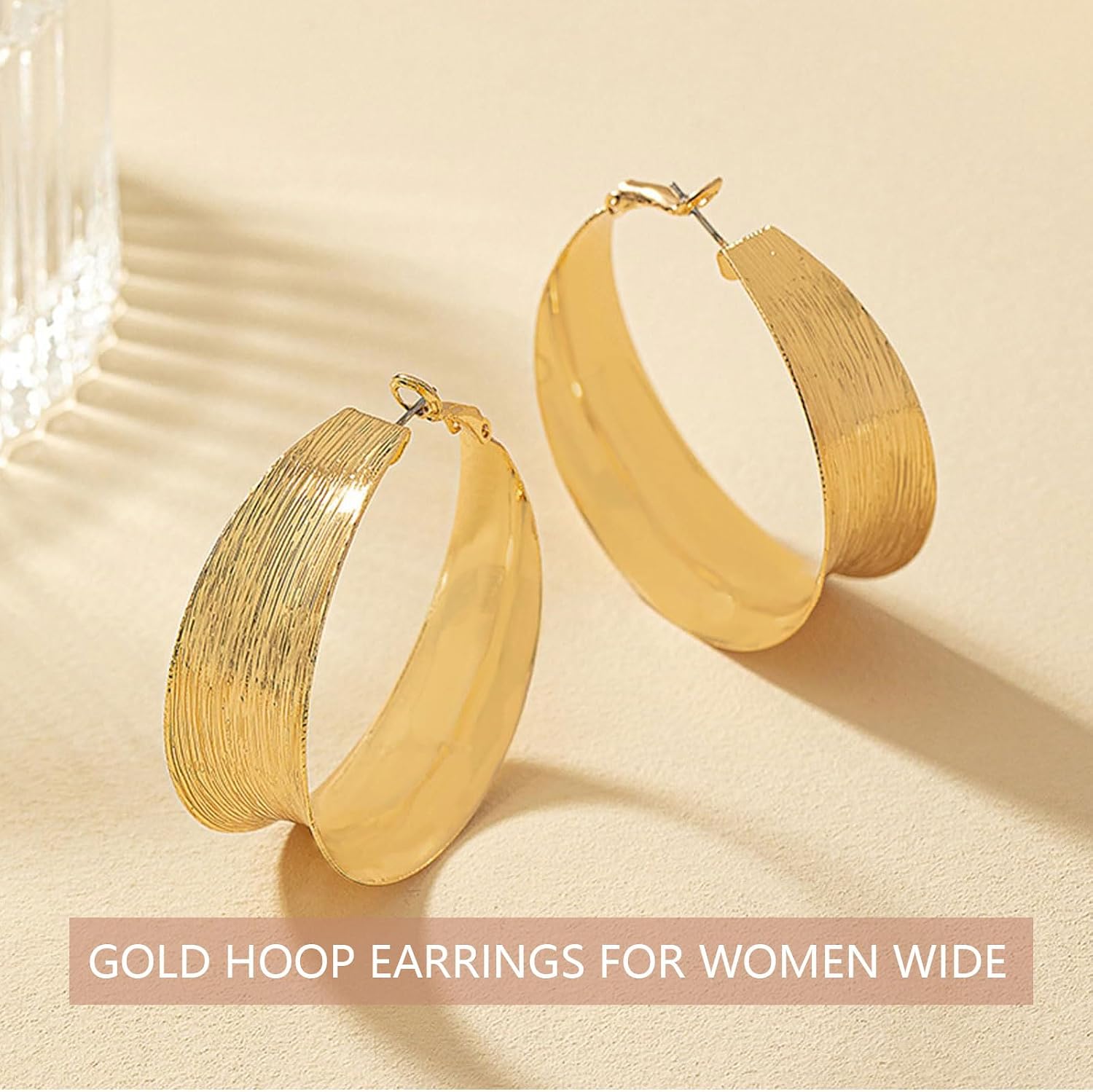 Gold Earrings for Women Wide Silver Earrings Large Flat Huggie Hoops Earrings Fashion Conscious Solid Gold Hoops Earrings Gold Statement Earrings Jewellery for Women, L image 4