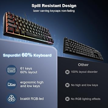 Snpurdiri 60% Wired Gaming Keyboard, RGB Backlit Ultra-Compact Mini Keyboard, Waterproof Small Compact 61 Keys for PC/Mac Gamer, Typist, Travel, Easy to Carry on Business Trip(Black)