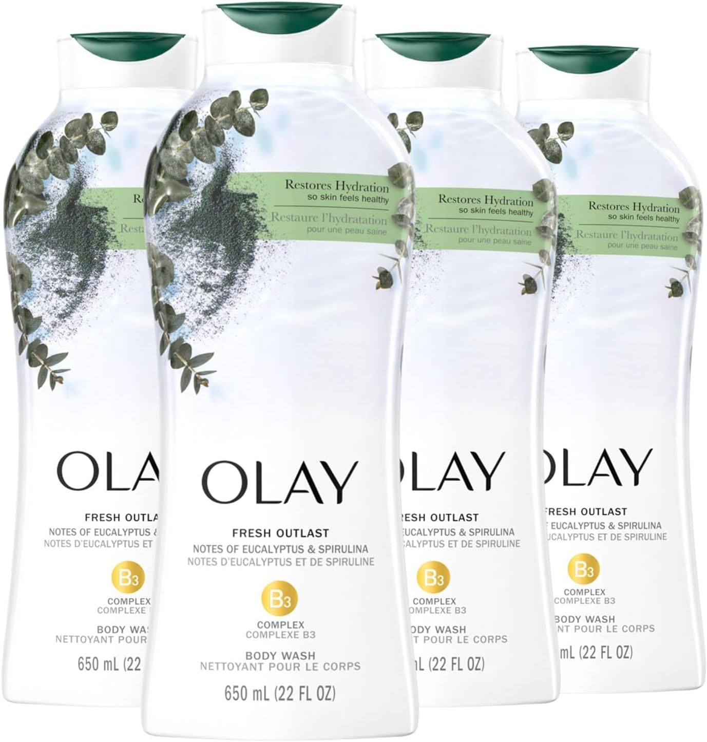 Olay Body Wash for Women, Fresh Radiance, Refreshing & Renewing, Made with Plant Based Cleansers, B3 Botanical Complex, For All Skin Types, Eucalyptus & Spirulina Scent, 22 fl oz (Pack of 4)