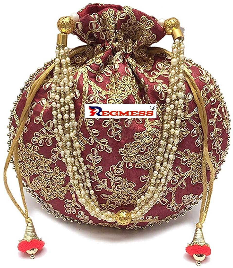 REGMESS Rajasthani Style Royal Clutch Silk Batwa Bag/Ethnic Potli Womens Potli/potli for Gift/potli for Women Party (Maroon) (B0B65CX45Q) Amazon Price History, Amazon Price Tracker