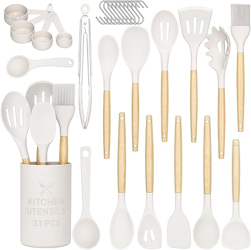 Juego de utensilios de cocina de silicona de 33 piezas con soporte, grado alimenticio, resistentes al calor, utensilios de cocina antiadherentes con