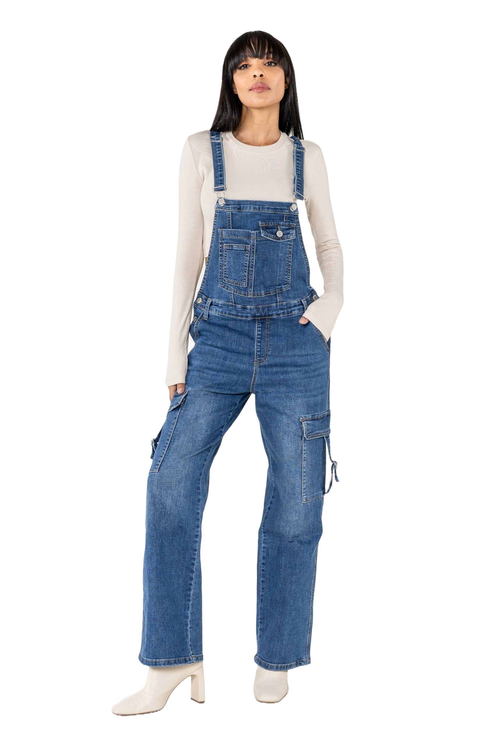 Nina Carter Damen Latzhose Jeans Boyfriend Denim Overall Jumpsuit Used-Look Sommeroverall (DE/NL/SE/PL, Alphanumerisch, M, Regular, Regular, Mittelblau (S560-3))