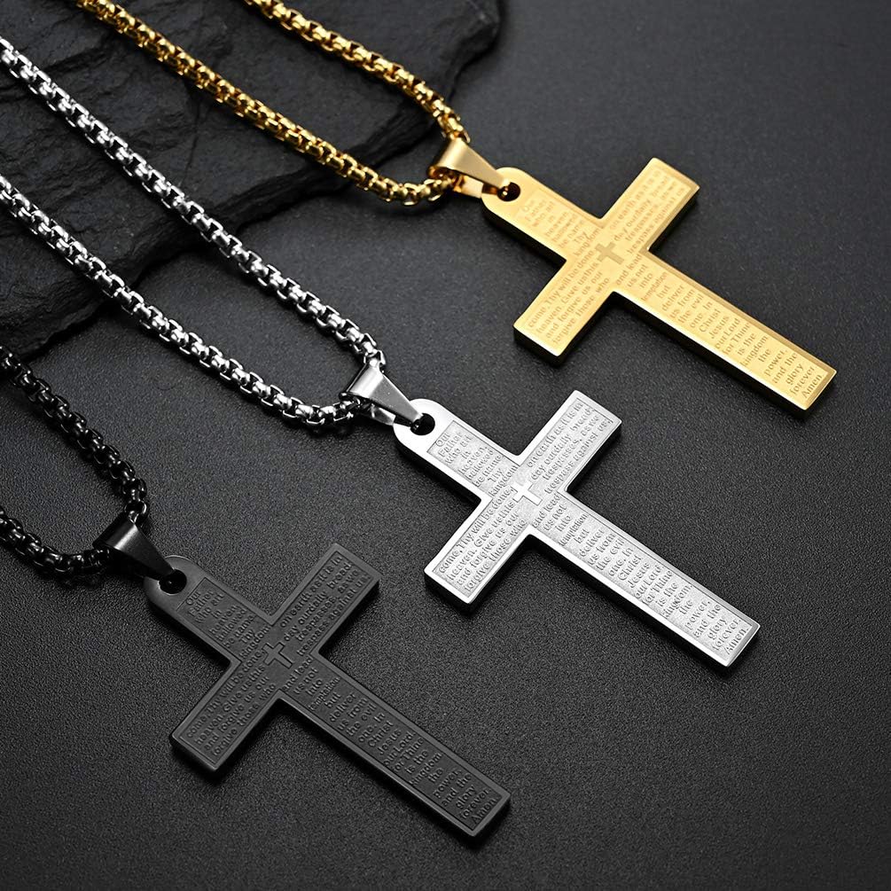 Men Cross Necklace,Stainless Steel Silver/Gold/Black Prayer Pendant Necklace Faithful Jewelry，60cm Rolo Chain