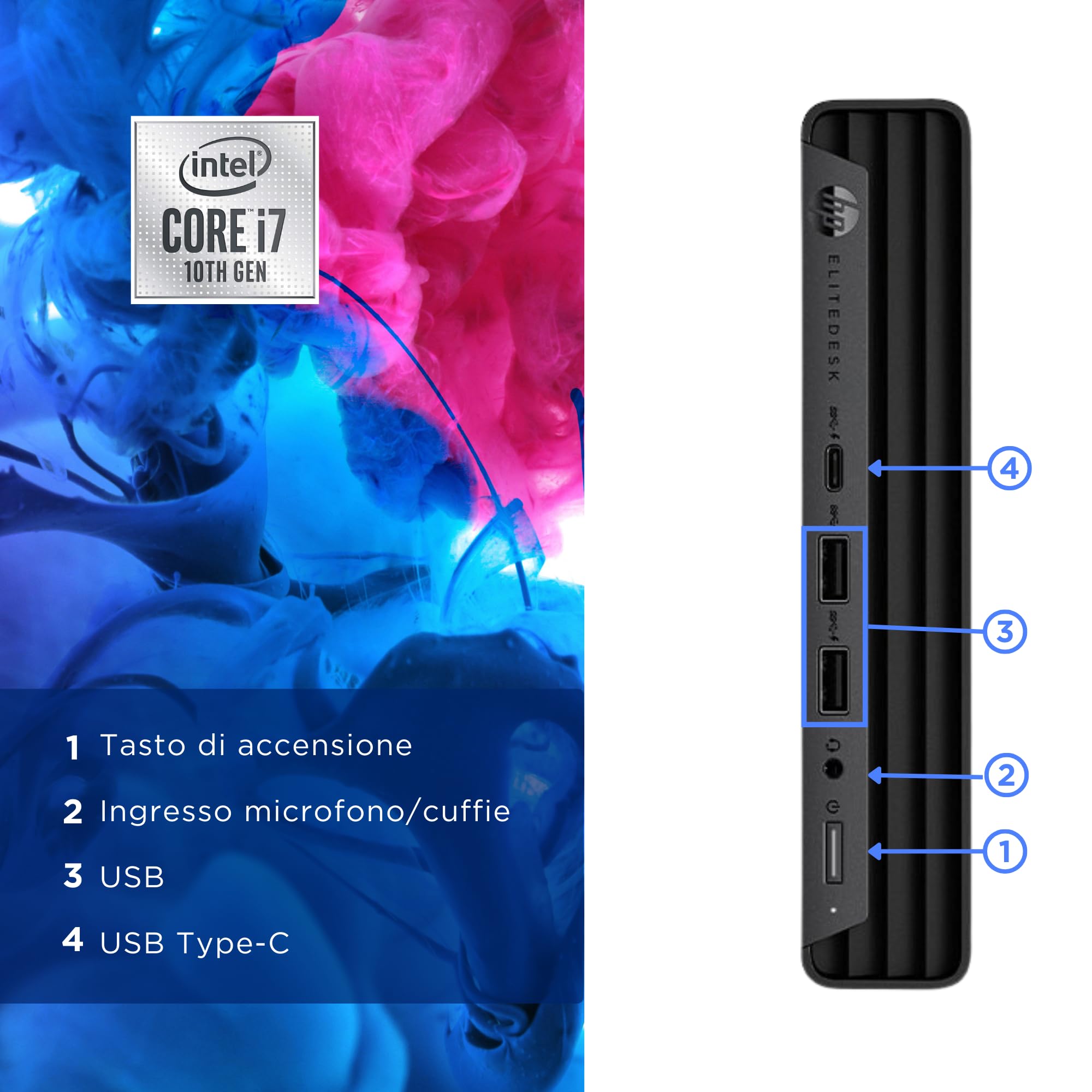 HP EliteDesk 800 G6 - Mini PC Intel i7-10700T 8 Core 2.0GHz - Ram 16Gb SSD 256Gb - Win 11 Pro Pronto all'uso con Libre Office + Chiavetta Wi-Fi (Ricondizionato)