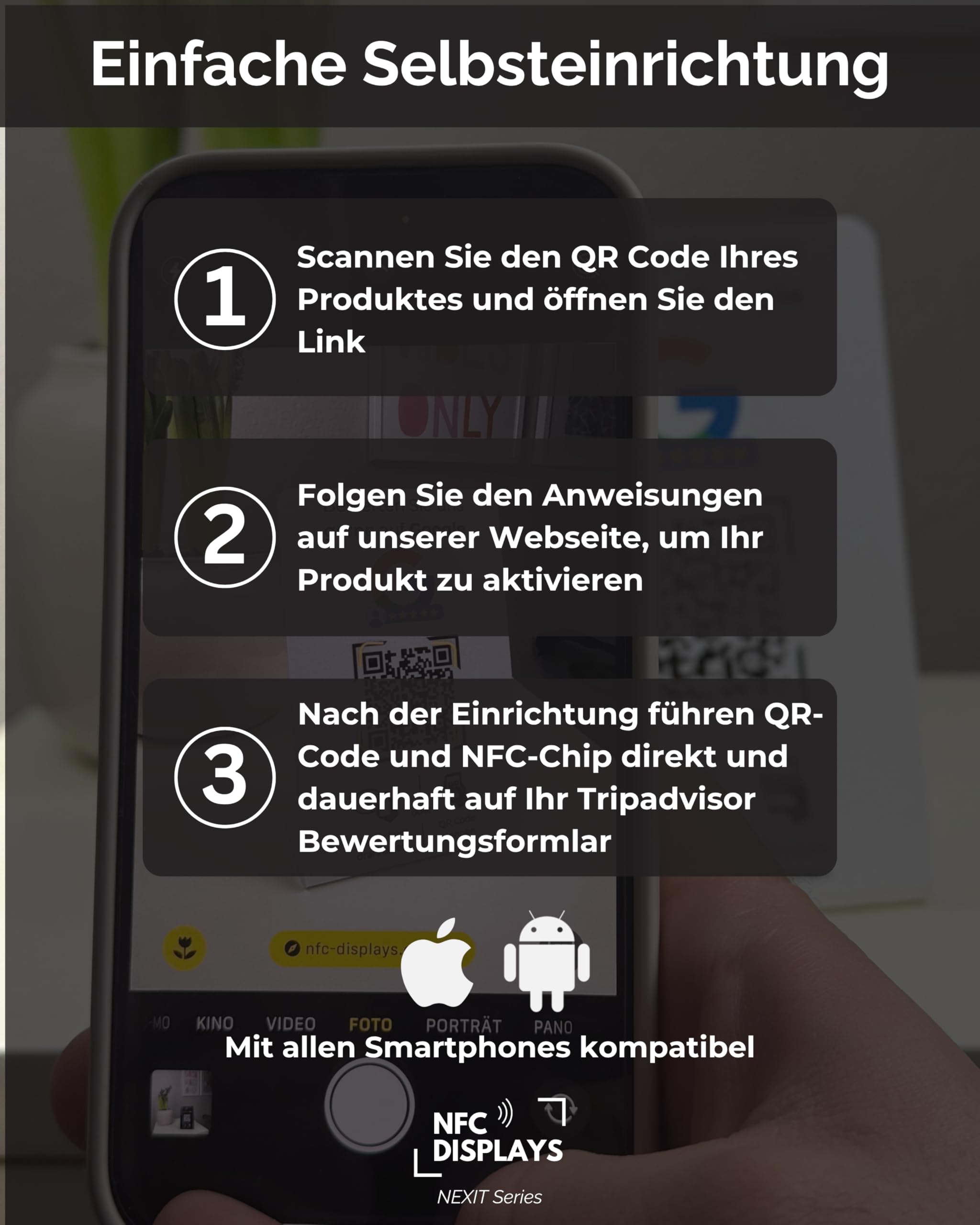 Aufsteller/Schild für Tripadvisor Bewertungen mit QR-Code und NFC (16,5 x 10,5 cm) - Deutsch