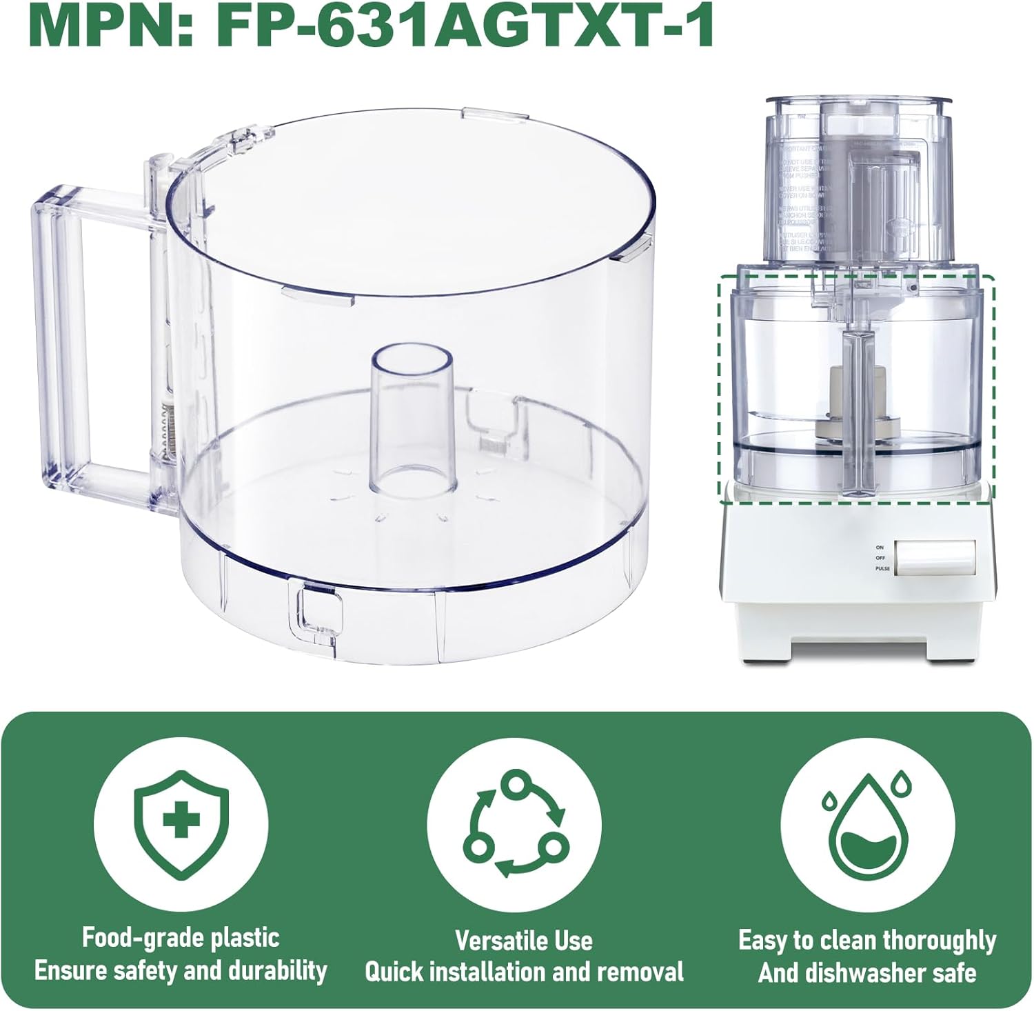 Top with 4 Locking Tabs FP-631AGTXT-1 Food Processor Work Bowl 7-Cup Compatible with Cuisinart DLC-10 Series DLC-10, DLC-10P, DLC-10SY, DLC-10SYP1, DLC-5,DFP-7,Fits DLC-117BGTXT1 Work Bowl Cover