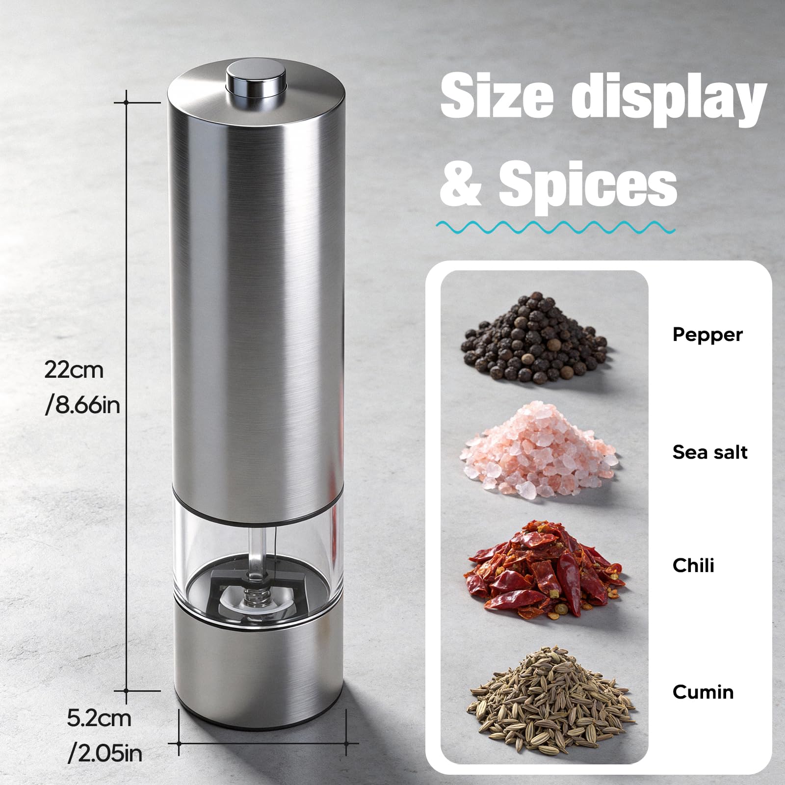 2 Pezz Macina Sale e Pepe Elettrica Macinapepe in Acciaio Inossidabile Macinapepe Elettrico,Luce LED e Rugosità Regolabile (Acciaio Inox 02)