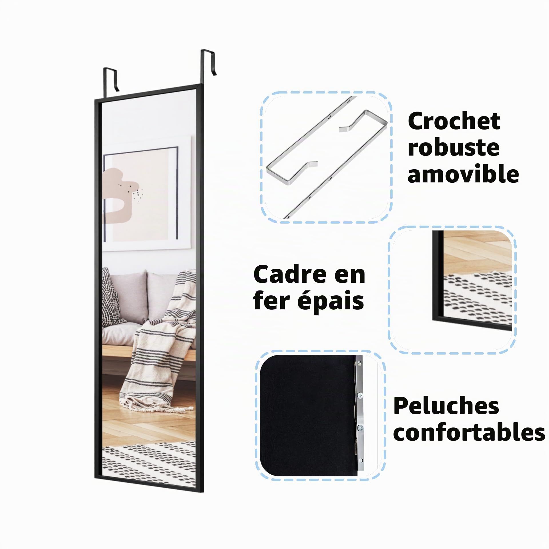 LIFEZEAL Miroir Mural Long, Miroir Suspendu Porte avec Crochet Réglable en Hauteur, Miroir Rectangulaire, 107,4 x 36,5 cm, pour Salon,Chambre à Coucher, Salle de Bain, Moderne (Noir)