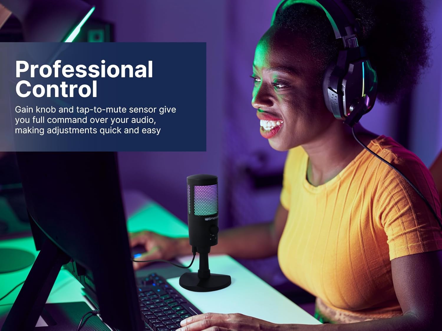Emerson EAM-9050 USB Gaming & Streaming Microphone with RGB Lighting, Cardioid Pickup Pattern, Plug-and-Play Setup, and Noise Reduction – Perfect for Gamers, Streamers, and Content Creators