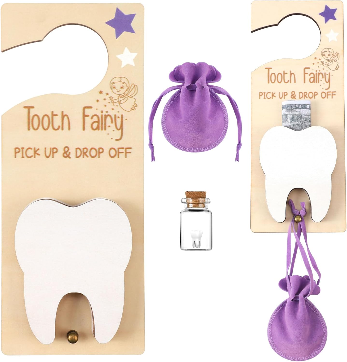 DoubleFill Tooth Fairy Gift Holder Bag Door Hanger Tooth Fairy Kit Stores Lost Teeth Keepsake Box Easter Gift World Oral Health Day Gifts for Lost Teeth Boy Girl(Classic,Purple)