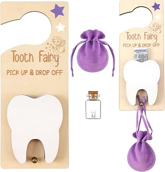 DoubleFill Fairy Tooth Gift Holder Bag Door Hanger Lost Teeth Keepsake Box Tooth Fairy Kit Stores Back to School Gift for Lost Teeth Boy Girl Primary School Classroom GiftsClassic,Purple