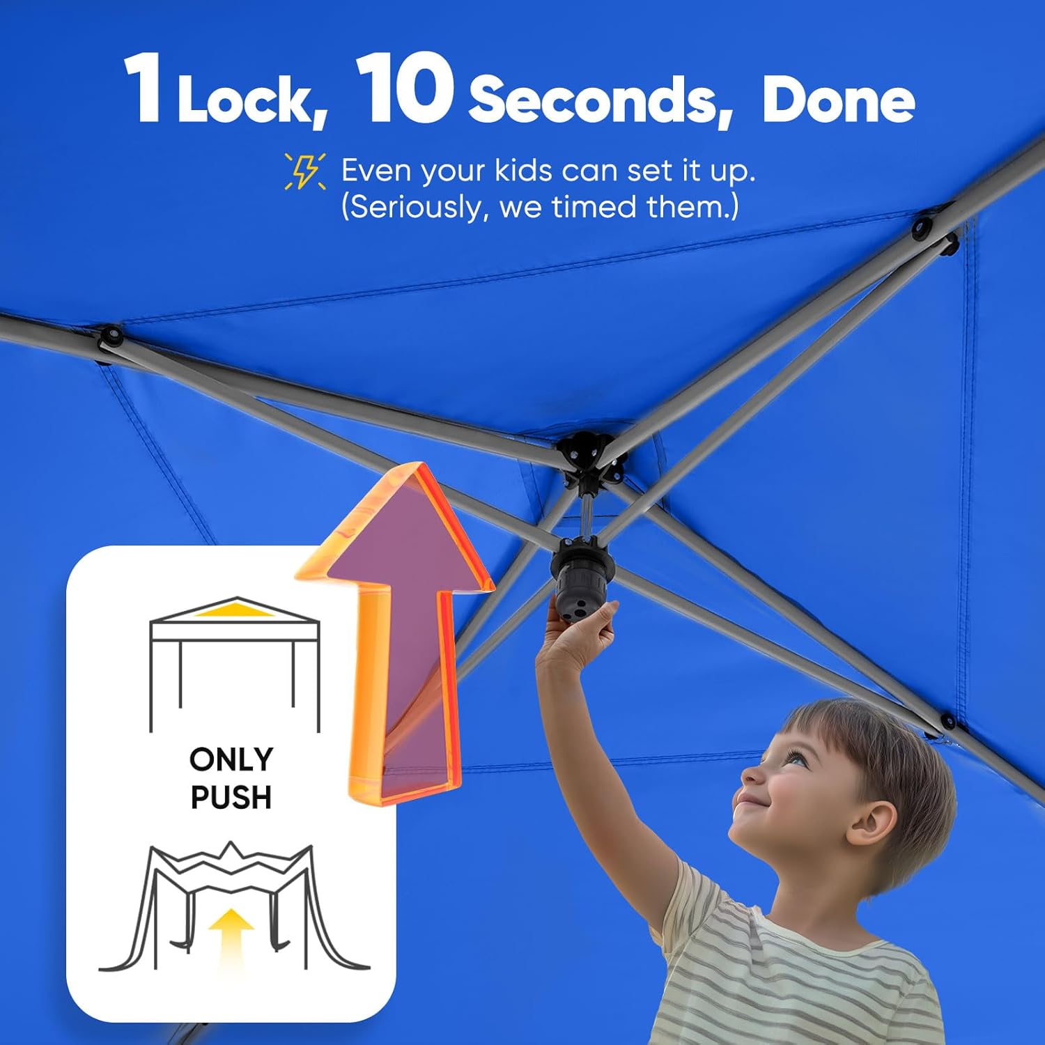 A child demonstrating the one-push setup mechanism of the canopy frame.