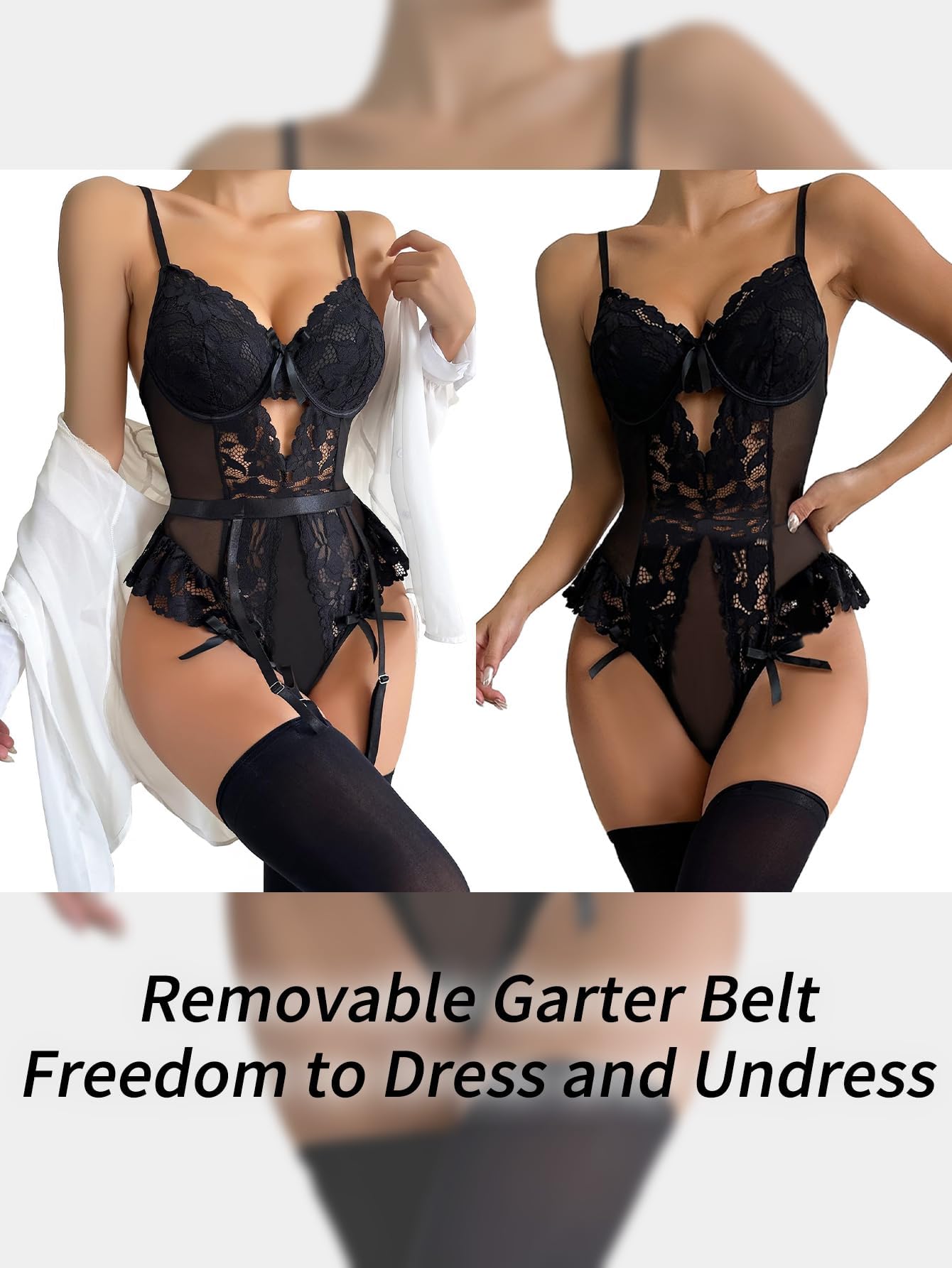 Lilosy Sexy Stocking Lace Mesh Bodysuit Top Underwire Garter Lingerie Set 3 Piece: Small Black