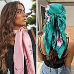 DRESHOW 35” Large Square Satin Head Scarf - 4Pcs Silk Accessories Classic Patterned Squares Beach Bandanas for Women