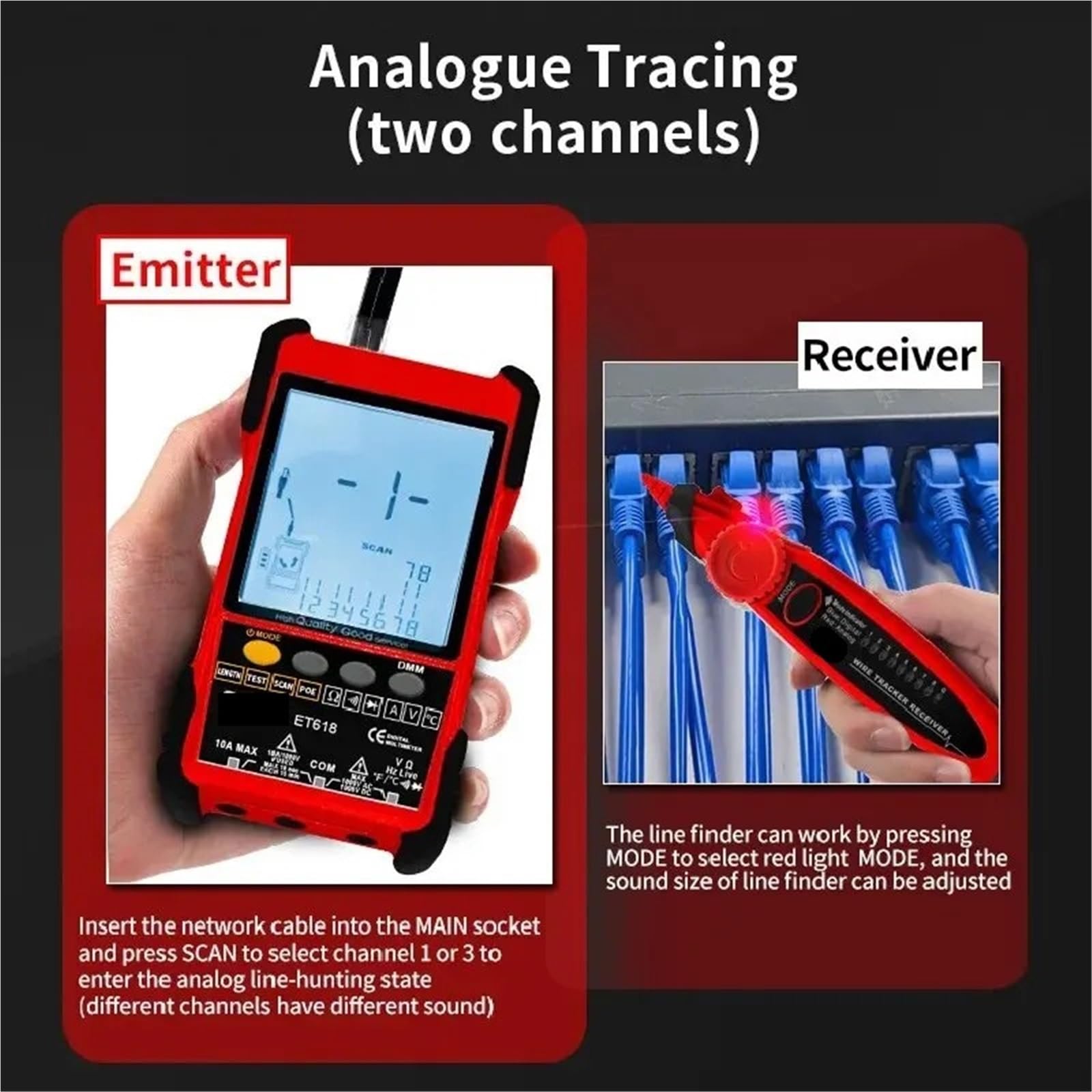 Tester for cavi di rete, multimetro, tracciamento LAN, test POE, misurazione lunghezza 400M/600M, sensibilità regolabile, linea Prove di trasmissione(Cable Tester+multimeter)