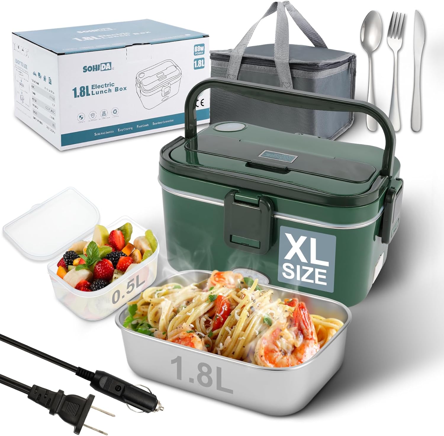 SOHIDA 1.8L Heated Lunch Box, 80W Electric Lunch Box with Long-handled Utensils for Adults, 12V/24V/110V Lonchera Eléctrica Portátil, Portable Food Warmer for Car/Truck/Office (Green)