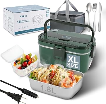 SOHIDA 1.8L Heated Lunch Box, 80W Electric Lunch Box with Long-handled Utensils for Adults, 12V/24V/110V Lonchera Electrica Portatil, Portable Food Warmer for Car/Truck/Office Green