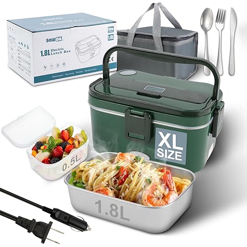 1.8L Heated Lunch Box, 80W Electric Lunch Box with Long-handled Utensils for Adults, 12V/24V/110V Lonchera Eléctrica Portátil, Portable Food Warmer for Car/Truck/Office (Green)
