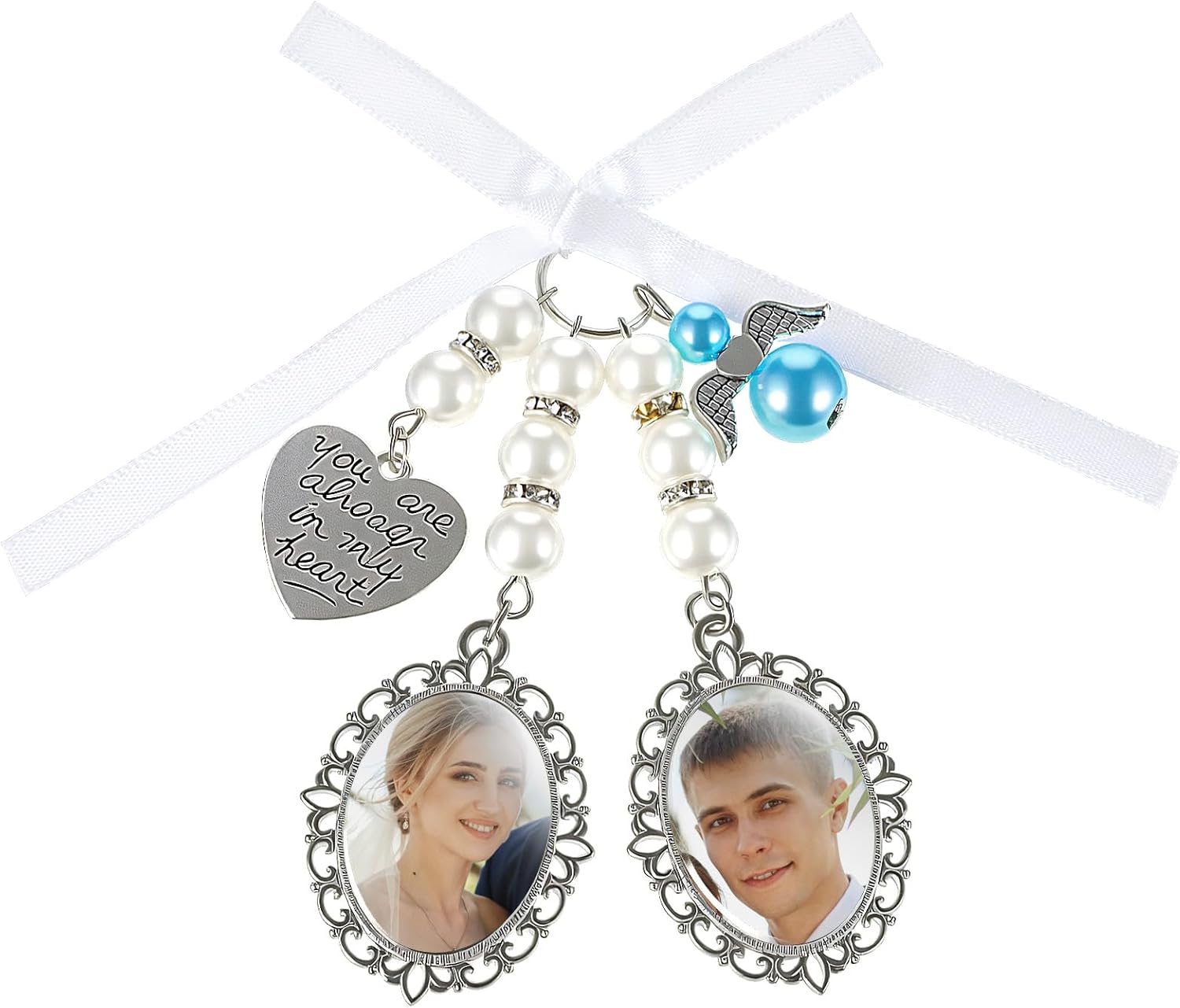 Double Pendant Wedding Bouquet Charm, Lacy Oval Photo Frame with Angel & Heart, You Are Always in My Heart Memorial Keepsake for Bridal Party (Silver Tone)
