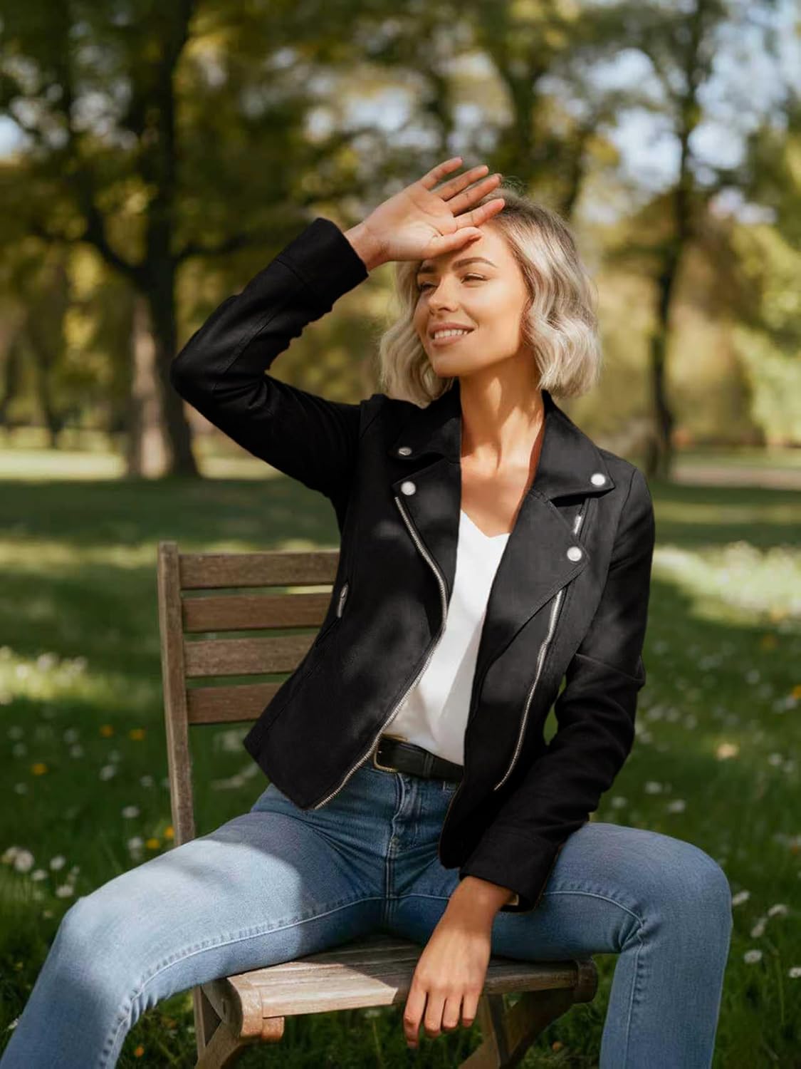 Women's Suede Moto Jacket, Asymmetric Zip, Long Sleeve, Biker Style with Fake Pockets