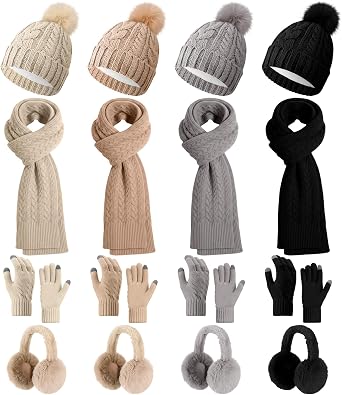 16 Pcs Women Hat Scarf Gloves Ear Muffs Set Winter Knitted Pom Beanie Hats Scarf Touch Screen Gloves for Men Adult Homeless