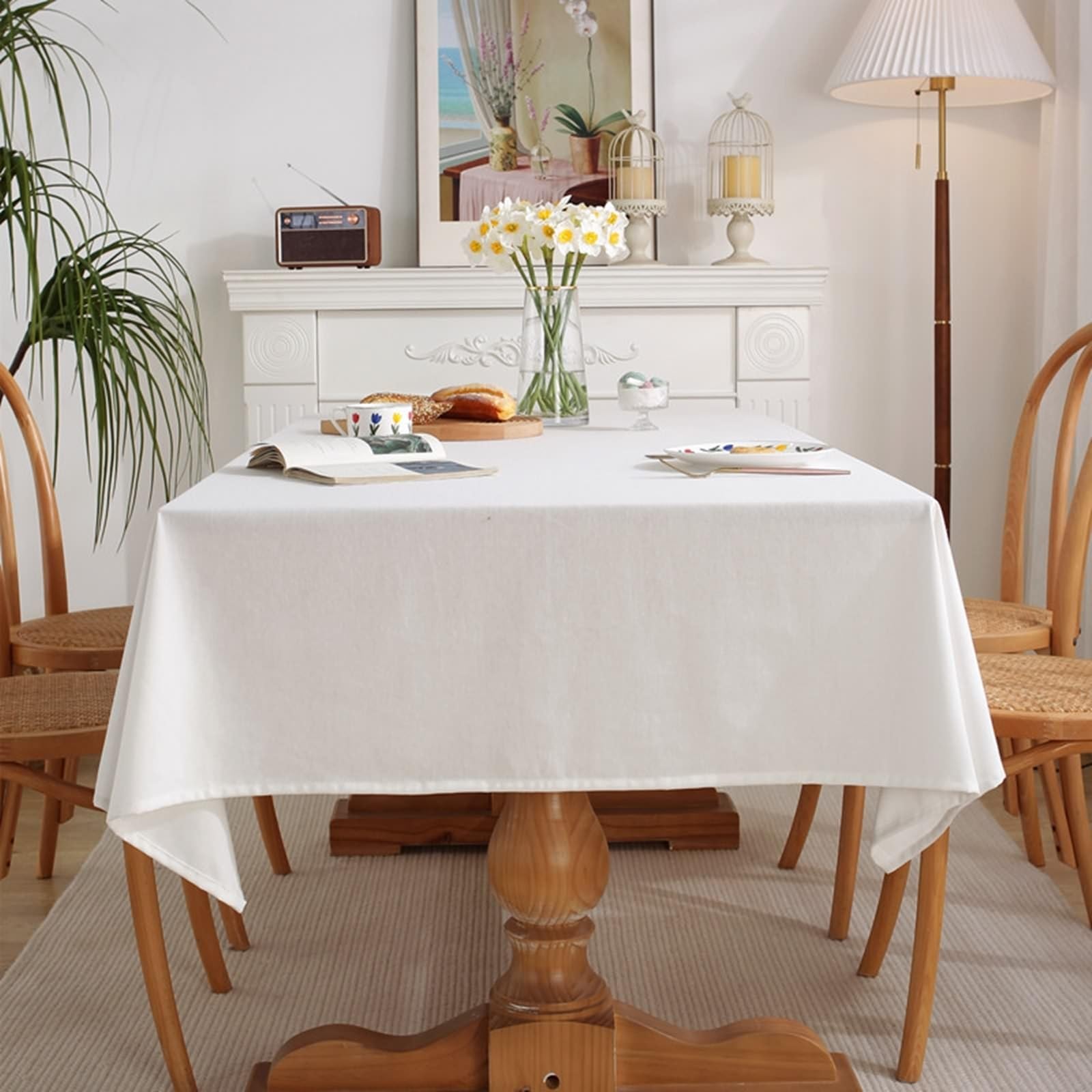 Tablecloth biały, bawełniany obrus z lnu, jednokolorowy, na zewnątrz, prostokątny, 130 x 250 cm, do salonu, jadalni, na balkon, do ogrodu