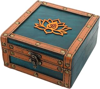 Zerodeko Vintage Wood Storage Chest: 5.9 X 5.9 Chinese Lotus Pattern Case with Leather Edge Alloy Studs, Retro Organizer for Keys Documents