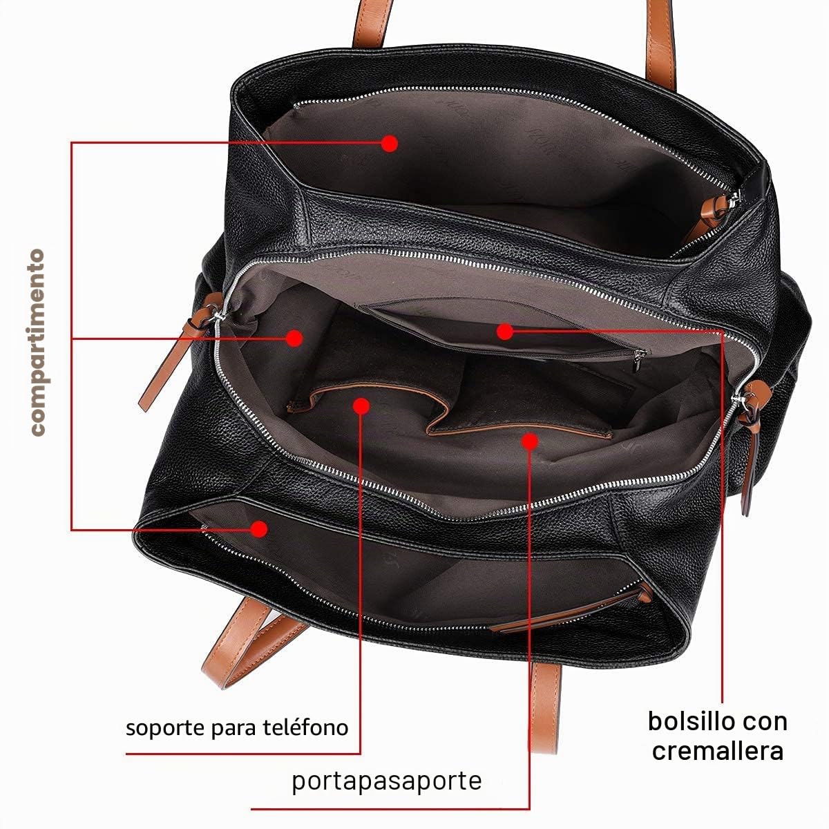 S-ZONE Bolso de mano de piel auténtica suave para mujer de gran capacidad Bolso bandolera para portátil de 13"