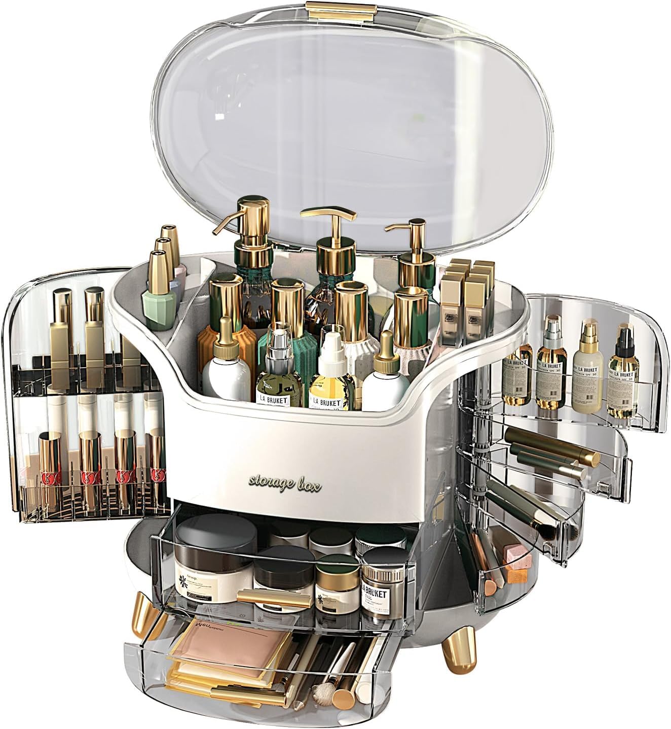 Warmiehomy Multifunctional Makeup Organiser with Lid, Dustproof Make up Organiser Cosmetic Organiser Waterproof Skincare Storage Box with 2 Drawers for Bedroom Bathroom Desktop, White