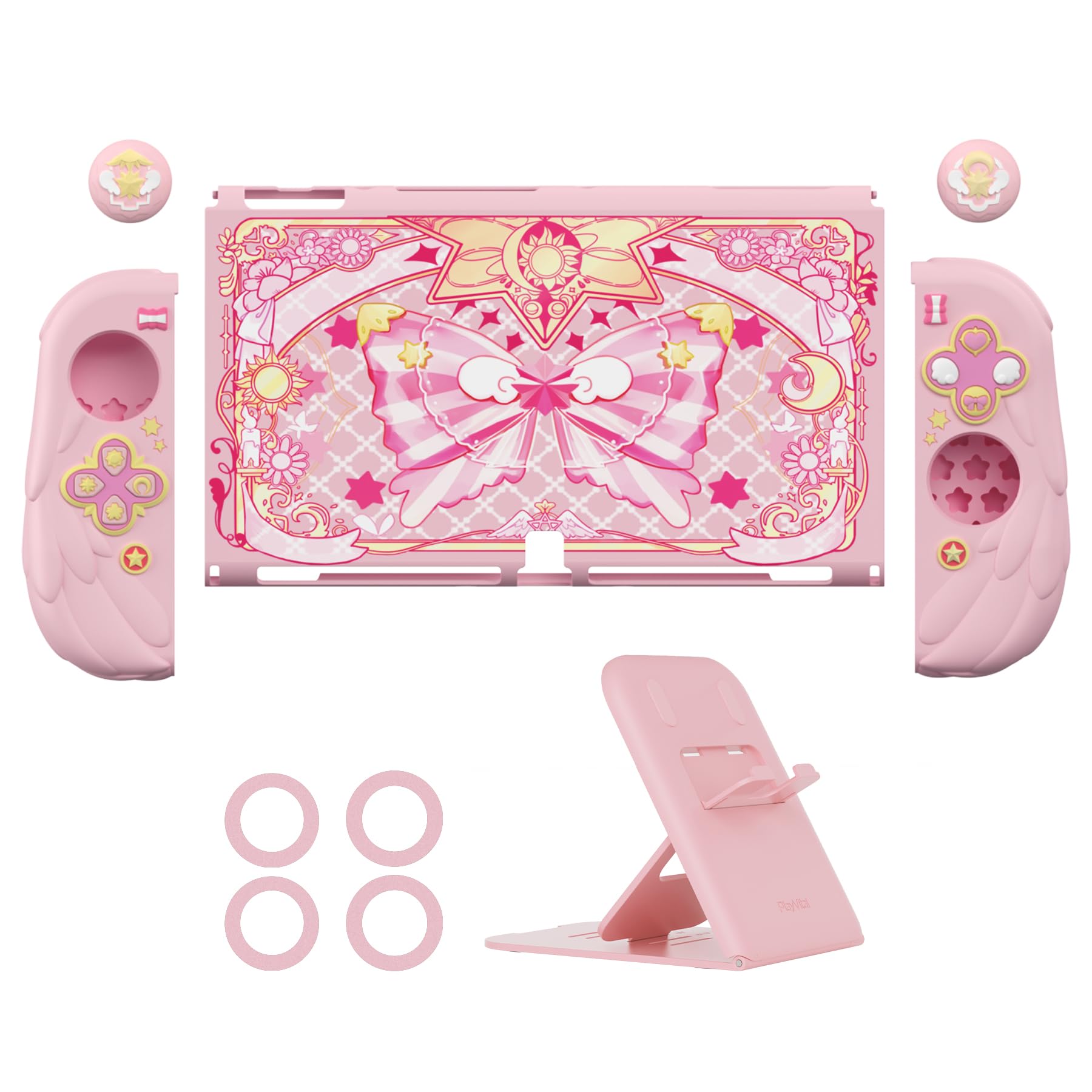 PlayVital Obudowa do Nintendo Switch OLED,Różowe – Magiczne Skrzydła | Twarde Etui Ochronne PC z Silikonowymi Osłonami na Joycon, Nakładkami Joysticki I Podstawką,Odporne na Zarysowania/Wstrząsy