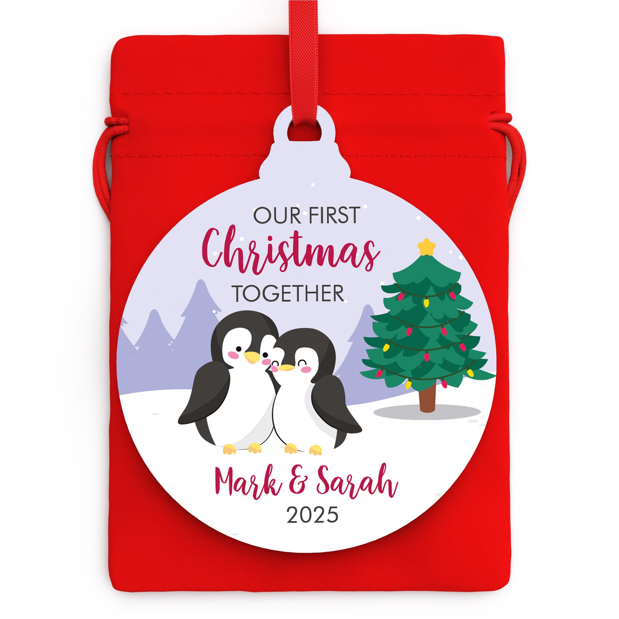 Couples First Christmas Together Tree Decoration Ornament Bauble Girlfriend Boyfriend, White Acrylic Printed Penguin Couple Christmas Tree Ornament, First Christmas Together Keepsake, With Red Bag
