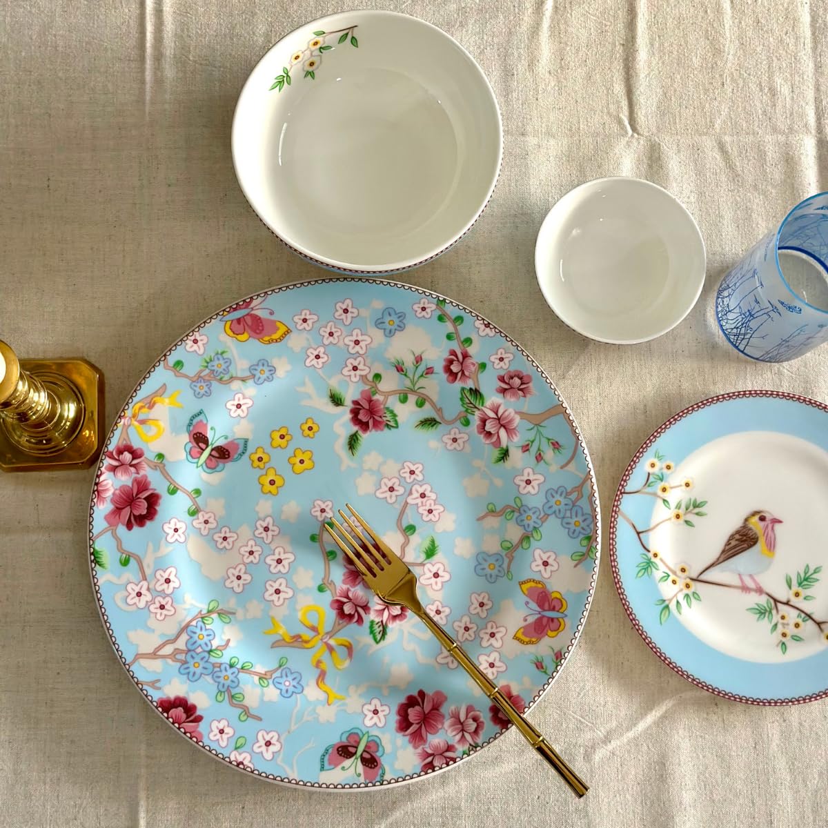 Handcrafted 12 Pieces Dinner Set | 4 Dinner Plates, 4 Small Bowls & 4 Side Plates | Perfect for Hosting Guests and Daily Meals - Birdie in Pink Dinnerware - Blue Birdie Dinnerware
