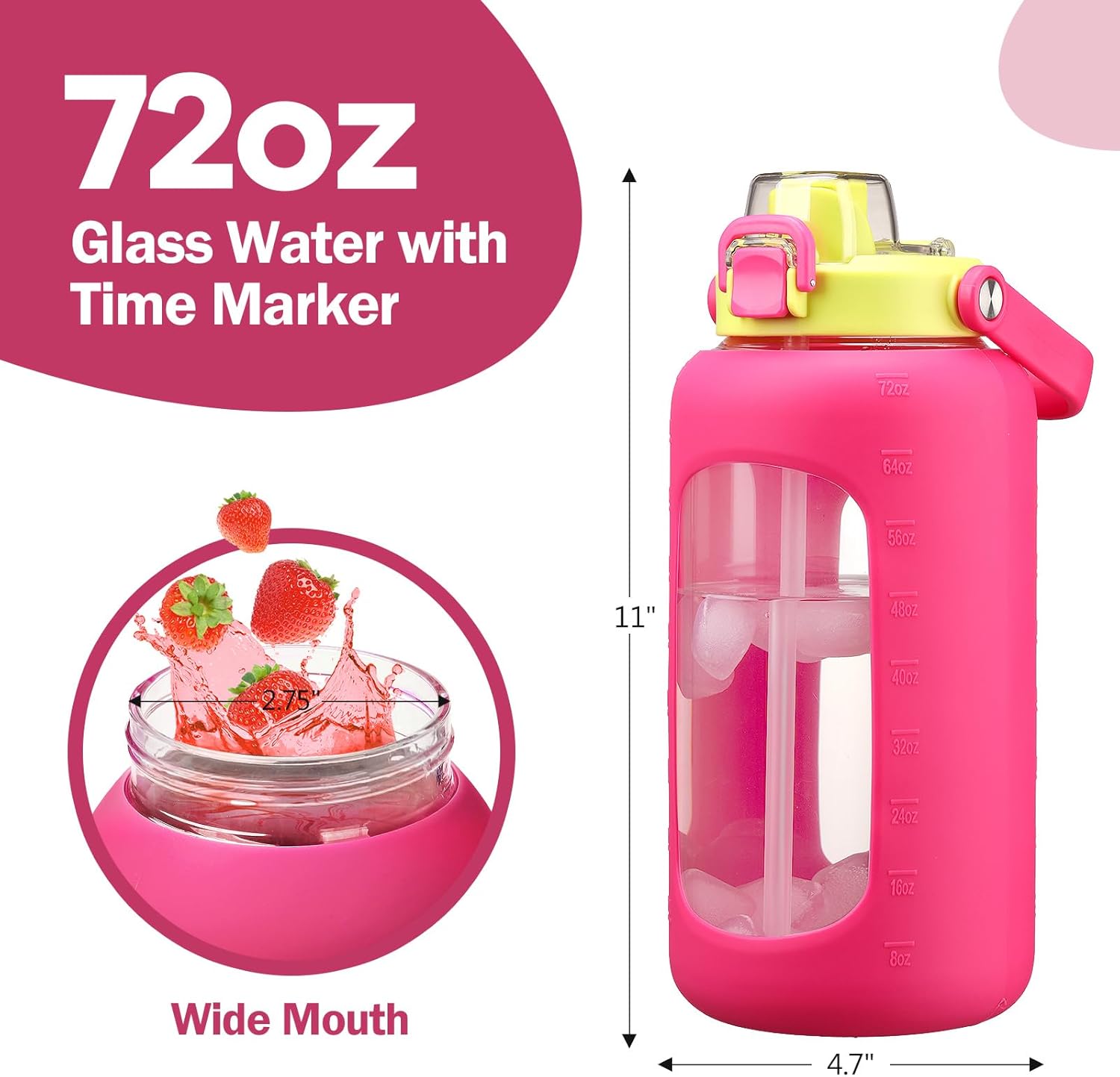 72oz Glass Water Bolttles, 3-in-1 Straw and Sip Spout Handle Lid, Half Gallon Water Bottle with Time Marker and Silicone Sleeve, BPA-Free Sports Water Bottle for Gym, School, Bright Pink - Image 2