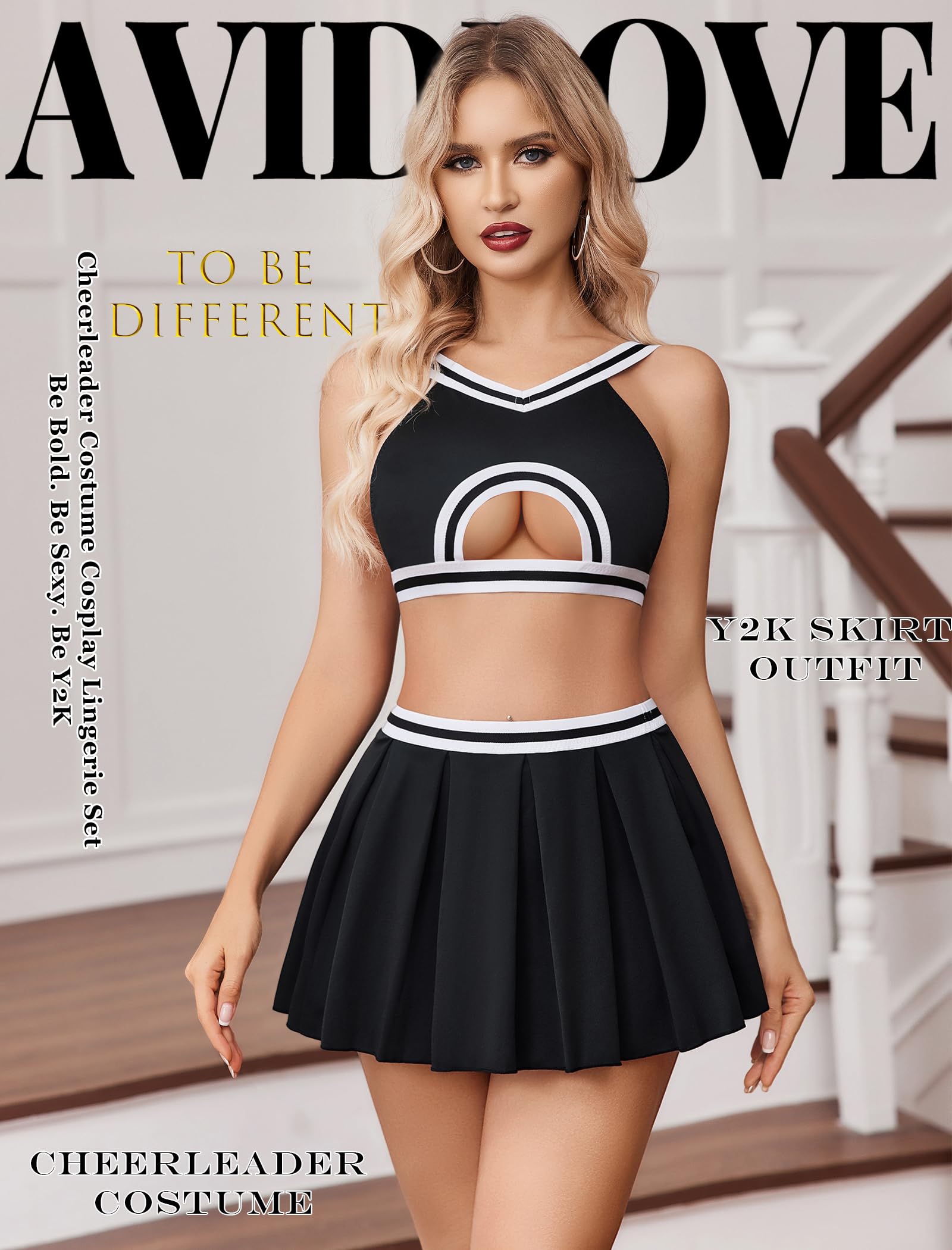 Avidlove Lingerie for Women Sexy Mini Skirt Cheerleader Costume Hollow Crop Top Y2K Pleated Skirts Set Cosplay Rave Outfit: Black Large