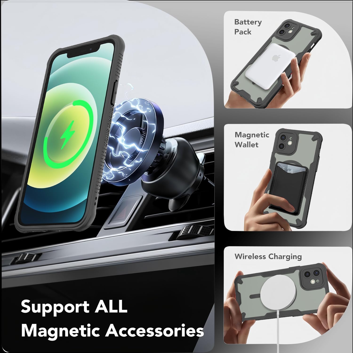 for iPhone 12 mini Case with Magsafe Magnetic Slim Shockproof Protective Case,Translucent Matte Back with Lanyard Strap and 2 * 9H Tempered Glass Screen Protector Phone Cover 5.4-inch-Black image 3