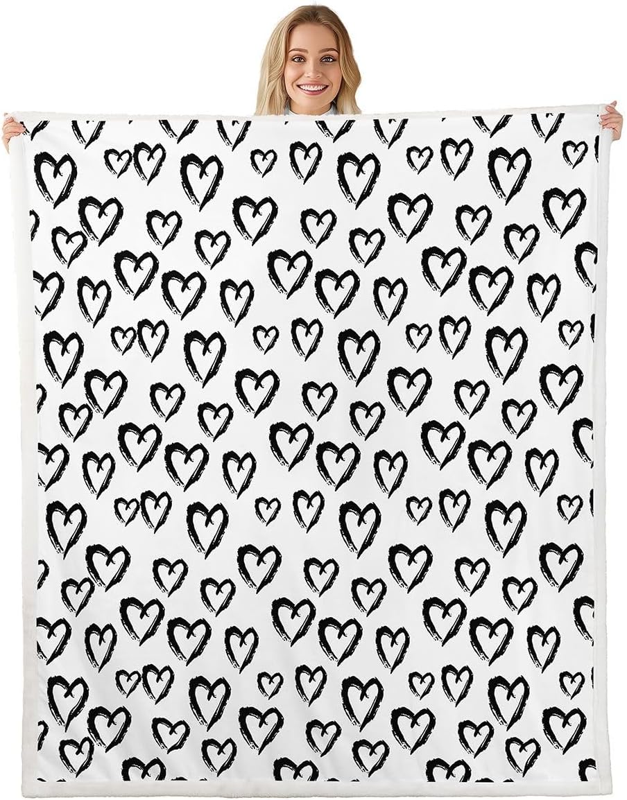 jejeloiu Kids Heart Love Fleece Throw Blanket Queen 90"x90" Geometric Love Pattern Sherpa Blanket Romantic Plush Blanket Valentine's Day Black and White Fuzzy Blanket