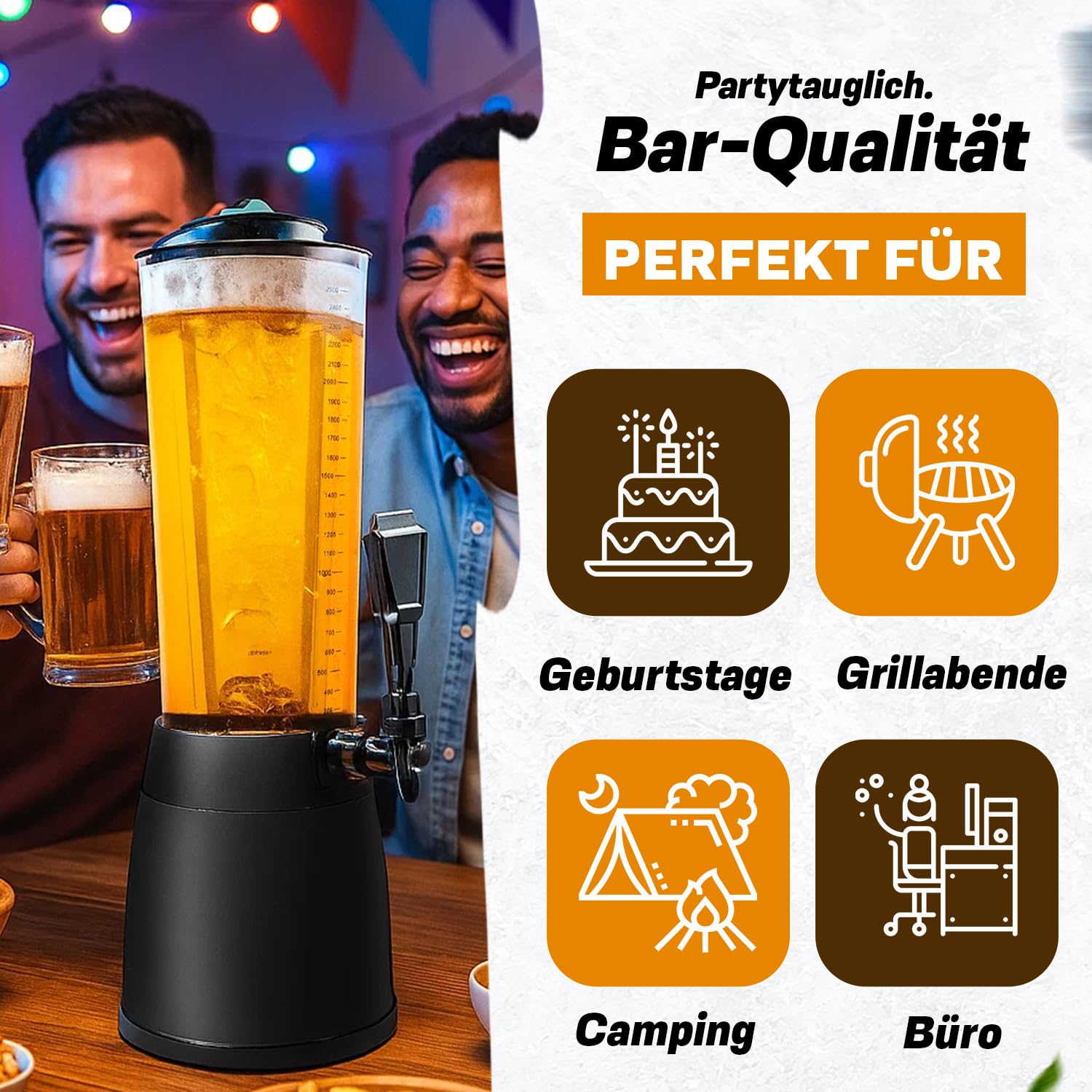 Biertower 4,0 Liter – Kult Biersäule mit LED-Beleuchtung & Eiskühlung – XXL Trinksäule Getränkespender mit Präzisions-Zapfhahn – Robuste Zapfsäule für Party, Grillen & Events – Getränkesäule Schwarz