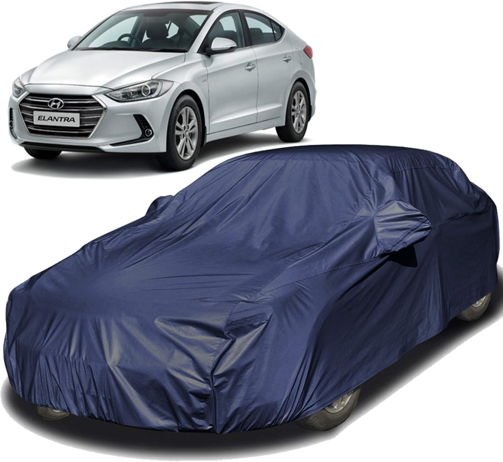 Autofact Car Body Cover for Hyundai Elantra (2016 to 2018) with Mirror Pocket (Triple Stitched, Heavy Buckle, Bottom Fully Elastic, Navy Blue)