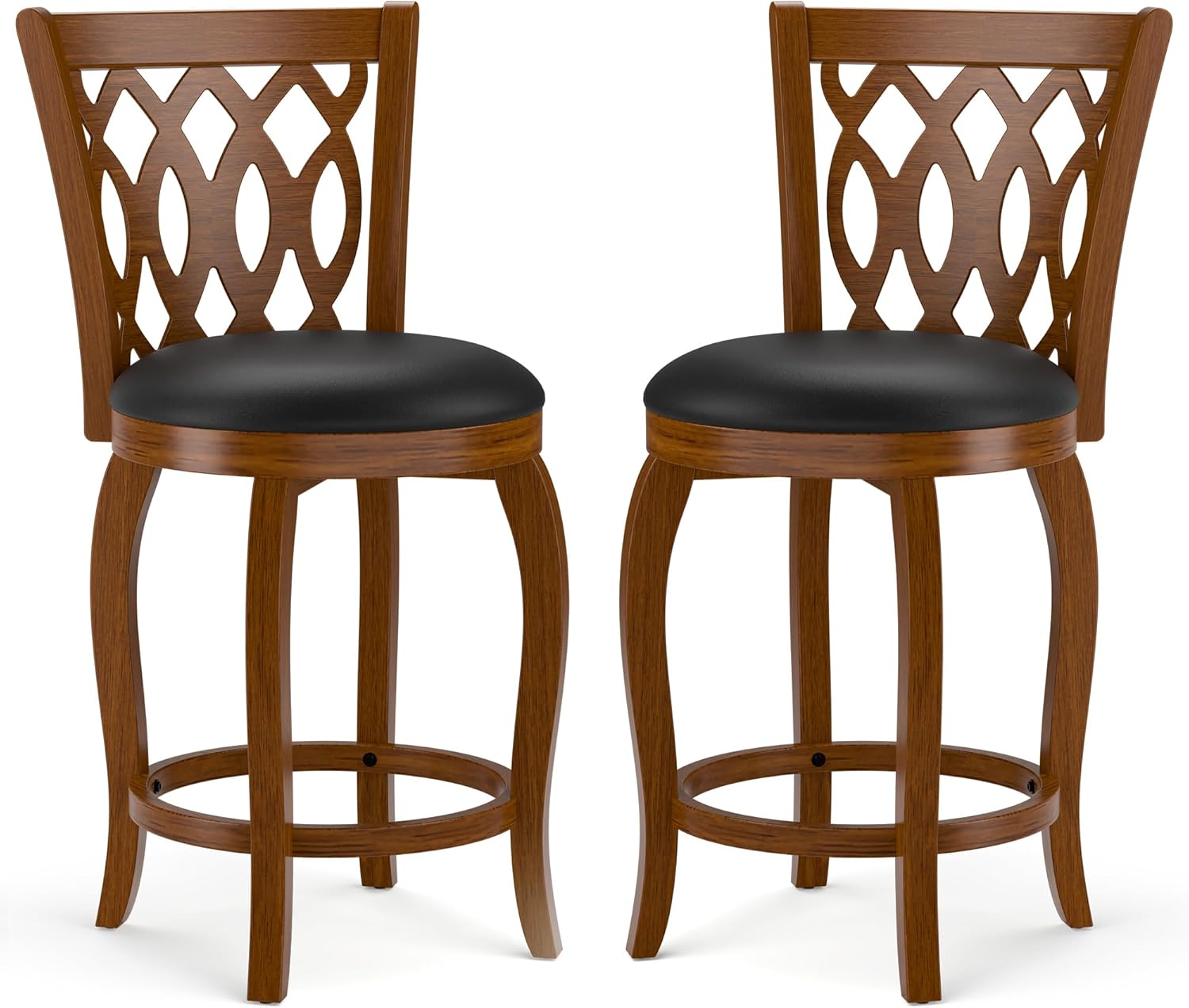 Betterhood Swivel Bar Stools Set of 2, 24 inch Counter Height Farmhouse Barstools with Faux Leather Upholstered Seat and Wooden Footrest, High Back Bar Chairs for Kitchen Island & Pub, Expresso