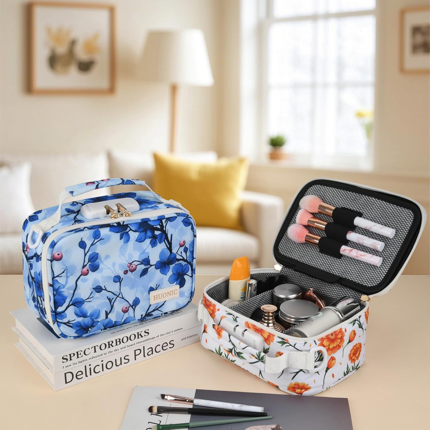 Blue Floral Smell Proof Carrier Bag with 9 PCS Accessories, Water-Resistant Organizers Box Case For Storing Your Products, Medicine Bag with Combination Lock, Great Gift for Friend.
