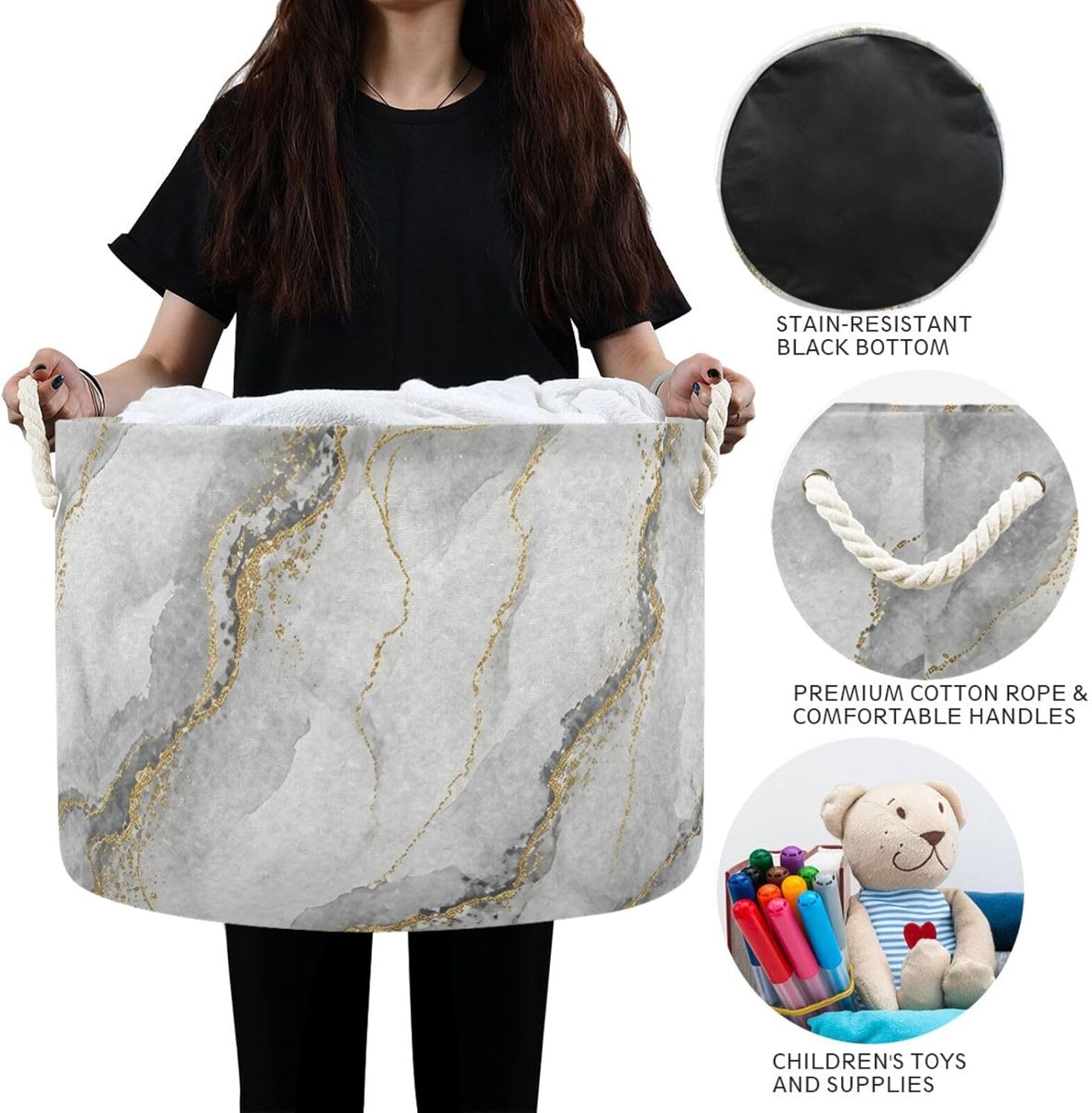 senya Large Storage Basket White Marble with Gold Veins for Toys Clothes Storage Bin Box Laundry Hamper Organizer Bag with Handles